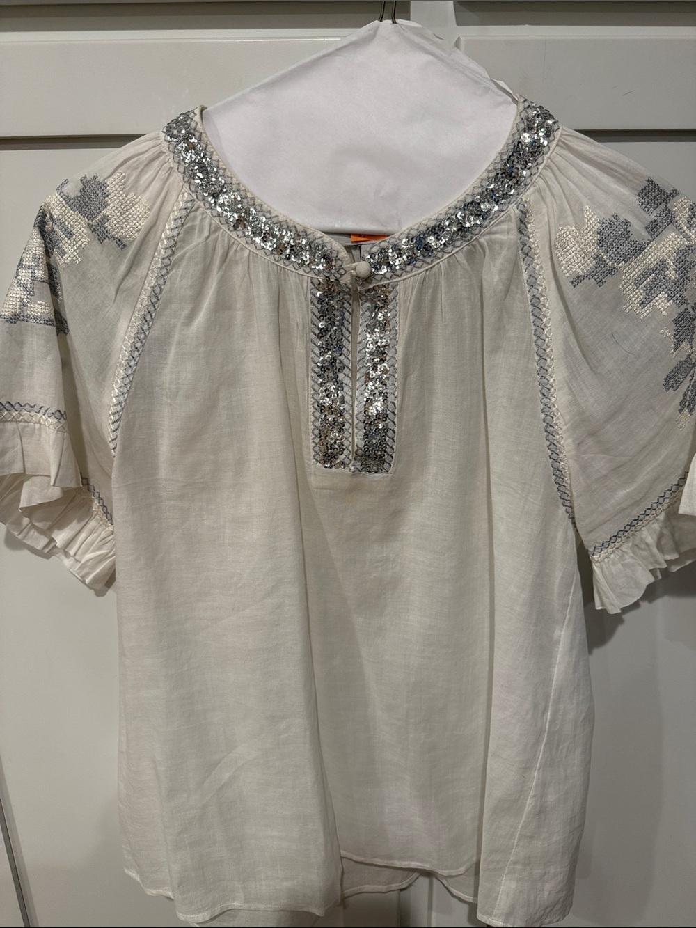 Rose and Rose Embroidered Sequin Trim Cream Women's Blouse